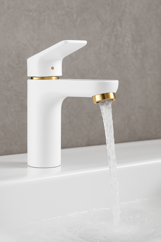 GS Rubinetterie SLIM Single Lever Basin Faucet with Pop-Up Waste, Energy Saving Cartridge, White Gold