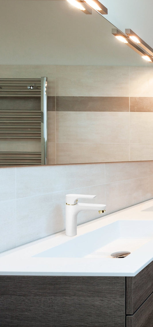 GS Rubinetterie SLIM Single Lever Basin Faucet with Pop-Up Waste, Energy Saving Cartridge, White Gold
