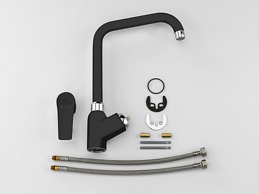 GS Rubinetterie SLIM Single Lever Kitchen Deck Sink Faucet with Swivel Spout, Energy saving Cartridge, Black Chrome