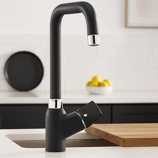 GS Rubinetterie SLIM Single Lever Kitchen Deck Sink Faucet with Swivel Spout, Energy saving Cartridge, Black Chrome