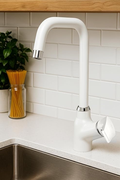 GS Rubinetterie 2497 Single Lever Deck Mounted Kitchen Mixer Tap with Swivel Spout, Energy Saving Cartridge, Premium Brass Kitchen Faucet, White Chrome Finish