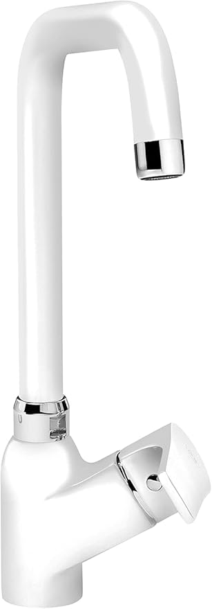 GS Rubinetterie 2497 Single Lever Deck Mounted Kitchen Mixer Tap with Swivel Spout, Energy Saving Cartridge, Premium Brass Kitchen Faucet, White Chrome Finish