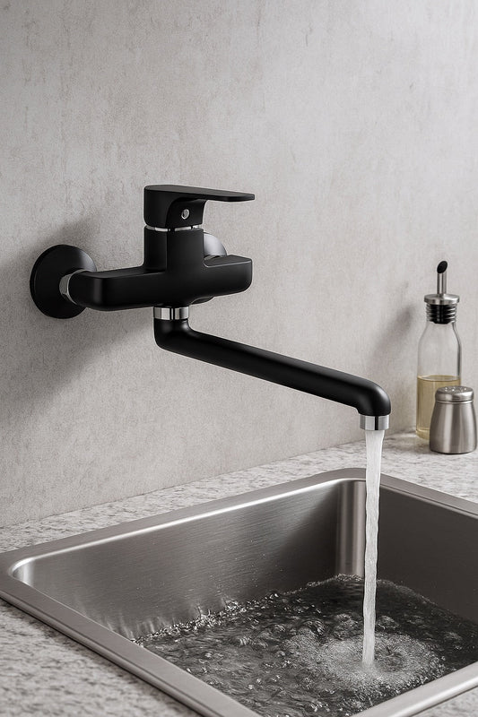 GS Rubinetterie SLIM Wall Mounted Single Lever Sink Mixer With Swivel Spout, Energy saving Cartridge, Black Chrome