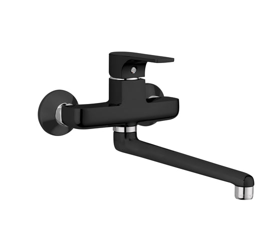 GS Rubinetterie SLIM Wall Mounted Single Lever Sink Mixer With Swivel Spout, Energy saving Cartridge, Black Chrome