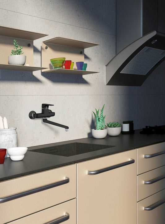 GS Rubinetterie SLIM Wall Mounted Single Lever Sink Mixer With Swivel Spout, Energy saving Cartridge, Black Chrome
