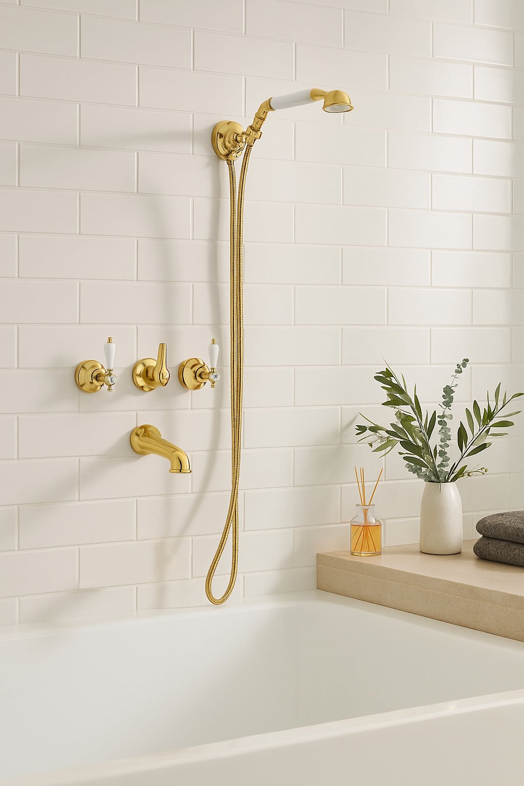 GS Rubinetterie Vittoriana Retro Premium Concealed Shower Mixer with Spout, Adjustable Wall Bracket and Flexible Hose, Gold