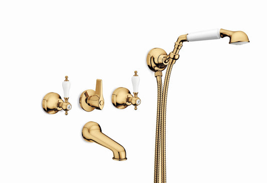 GS Rubinetterie Vittoriana Retro 1708 Concealed Bath Shower Mixer Set in Polished Gold with White Ceramic Lever Handles, Bath Spout, Hand Shower and Flexible Hose for Luxury Bathrooms.