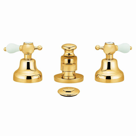 GS Rubinetterie 1765 Vittoriana Retro 3-Hole Bidet Mixer with Hand Shower & Pop-Up Waste – Premium Italian Brass Faucet, Polished Gold Finish