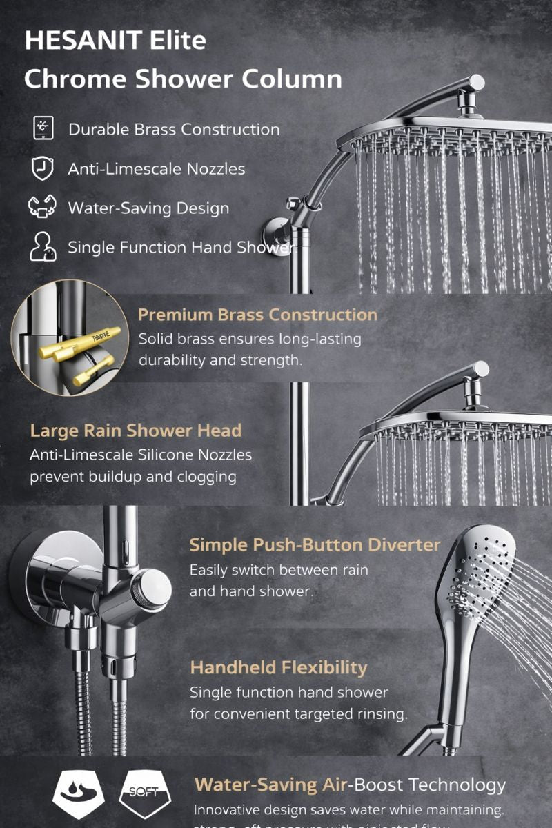 HESANIT Elite Shower Column System – Brass Tube Ø24 mm, Chrome Finish, 300×180 mm Rain Shower + Single Function Hand Shower, Anti-Limescale Nozzles