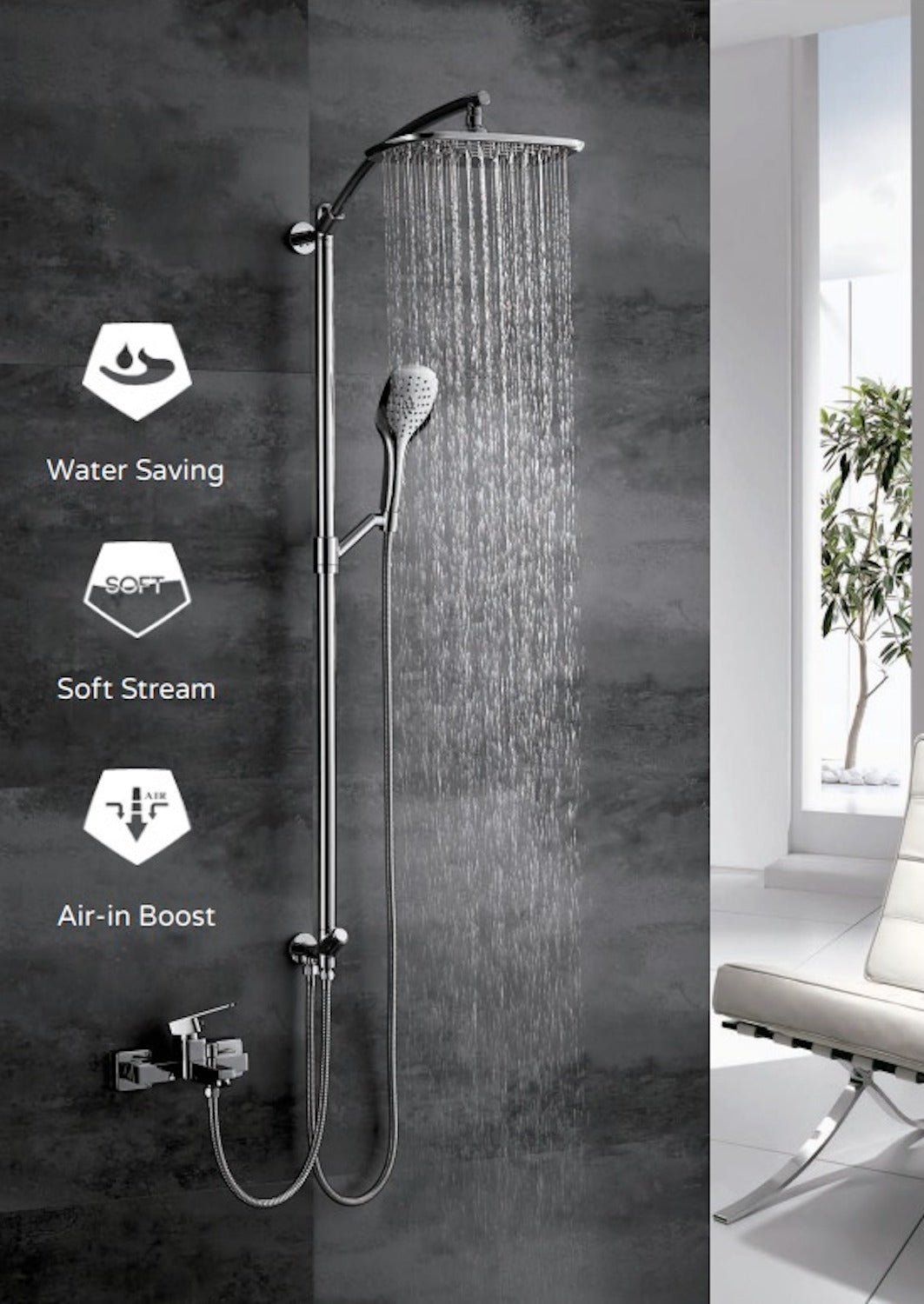 HESANIT Elite Shower Column System – Brass Tube Ø24 mm, Chrome Finish, 300×180 mm Rain Shower + Single Function Hand Shower, Anti-Limescale Nozzles