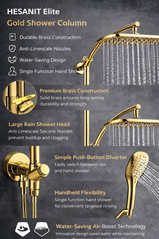 HESANIT Elite Shower Column – Gold Finish, 300×180mm Rain Shower & Hand Shower