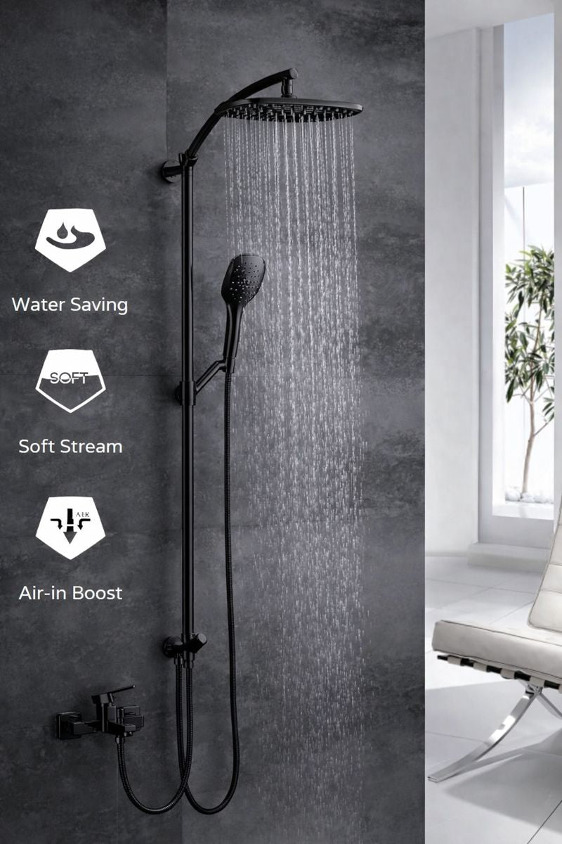 HESANIT Elite Shower Column – Matt Black, 300×180mm Rain Shower & Hand Shower