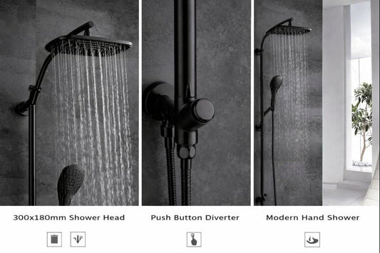 HESANIT Elite Shower Column – Matt Black, 300×180mm Rain Shower & Hand Shower