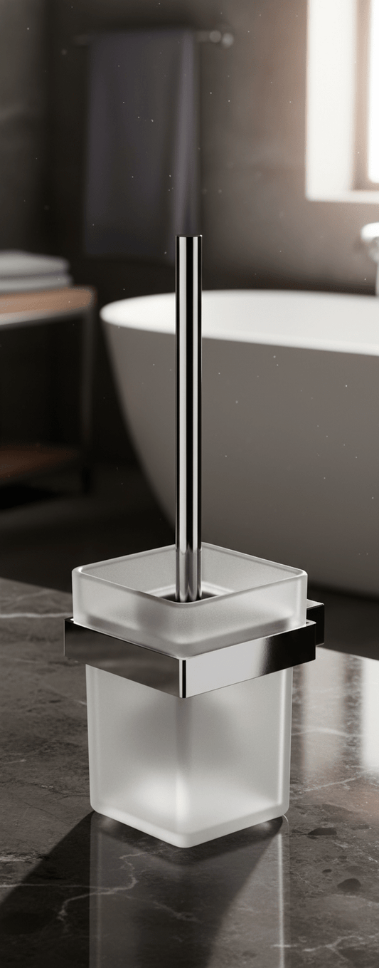 HESANIT® Premium Bathroom Toilet Brush & Holder, Stainless Steel with Frosted Glass Cup, Chrome Finish