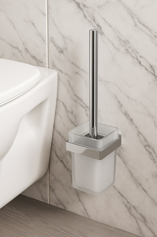HESANIT® Premium Bathroom Toilet Brush & Holder, Stainless Steel with Frosted Glass Cup, Chrome Finish