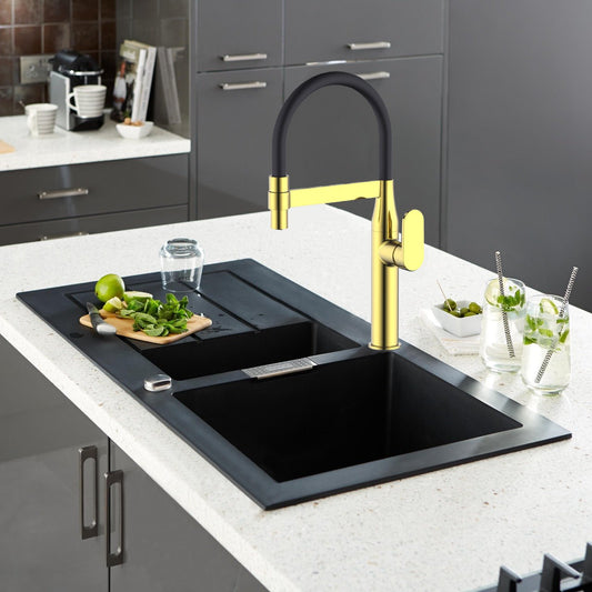 HESANIT Premium Kitchen Faucet with Flexible Pull Out Spout, Gold, Black Spout
