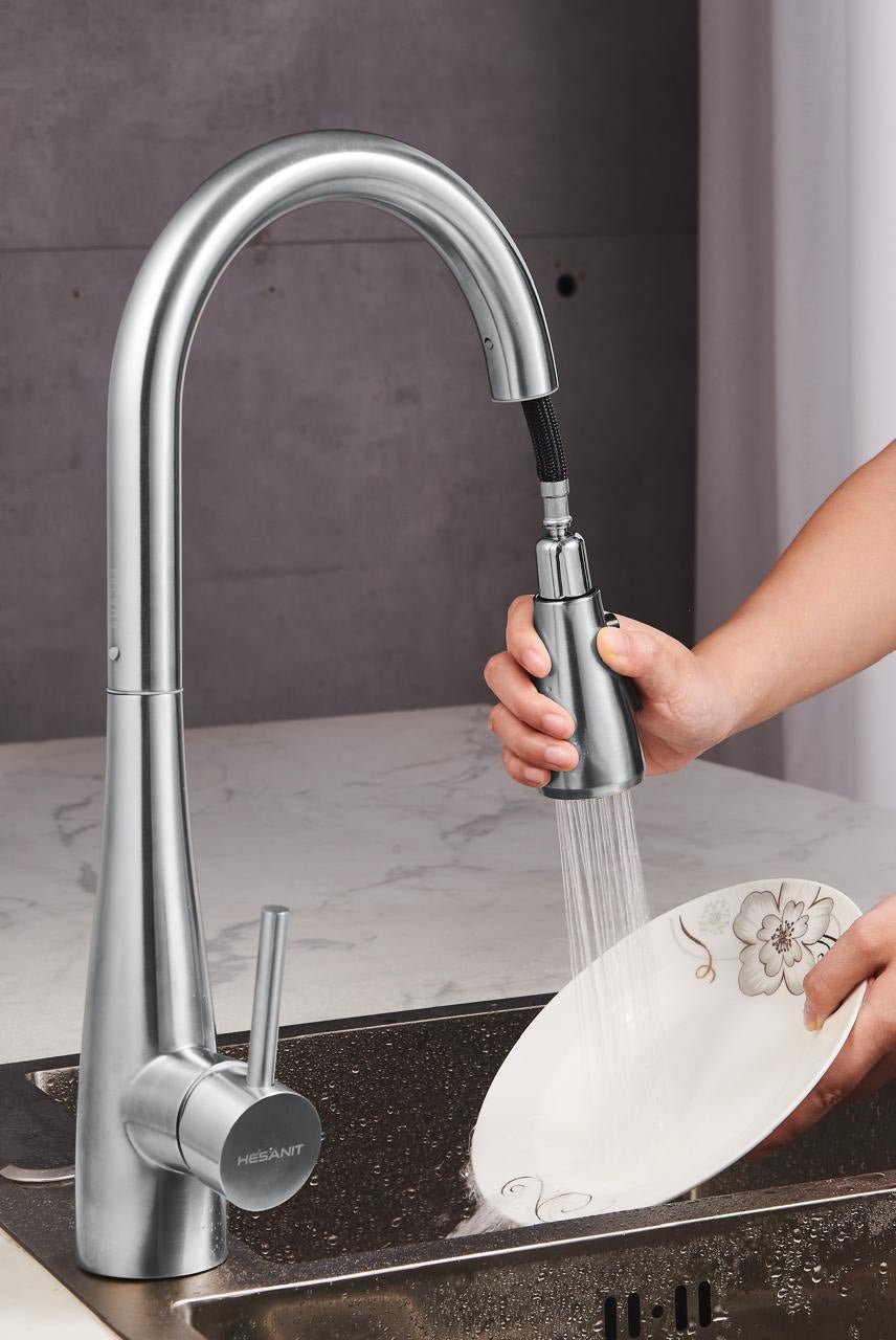 HESANIT Pull Down Kitchen Faucet – Single Lever High Arc Mixer Tap, Steel Brushed