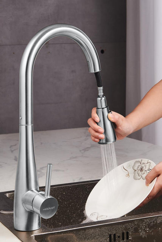 HESANIT Pull Down Kitchen Faucet – Single Lever High Arc Mixer Tap, Steel Brushed