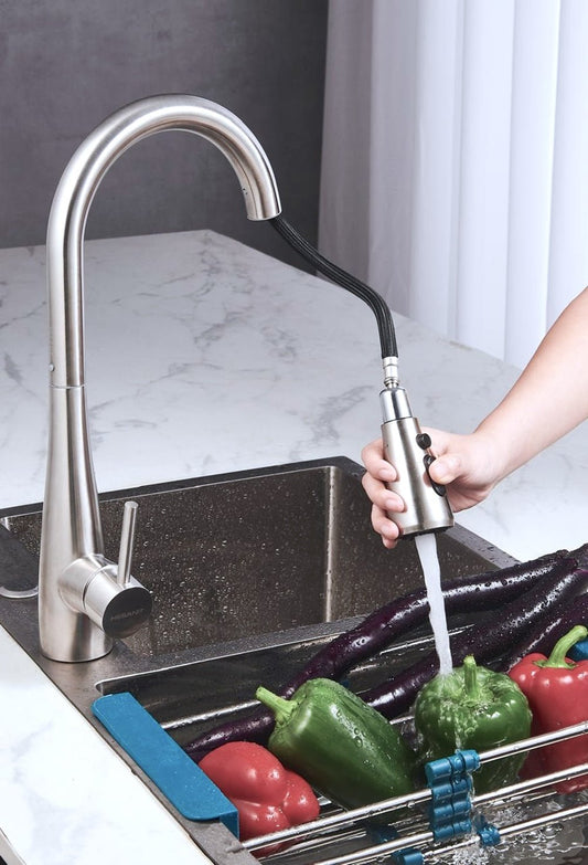 HESANIT Pull Down Kitchen Faucet – Single Lever High Arc Mixer Tap, Steel Brushed