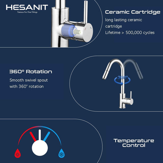 HESANIT Pull-Out Kitchen Mixer, Durable Brass Body, Chrome Finish, Dual Spray Modes