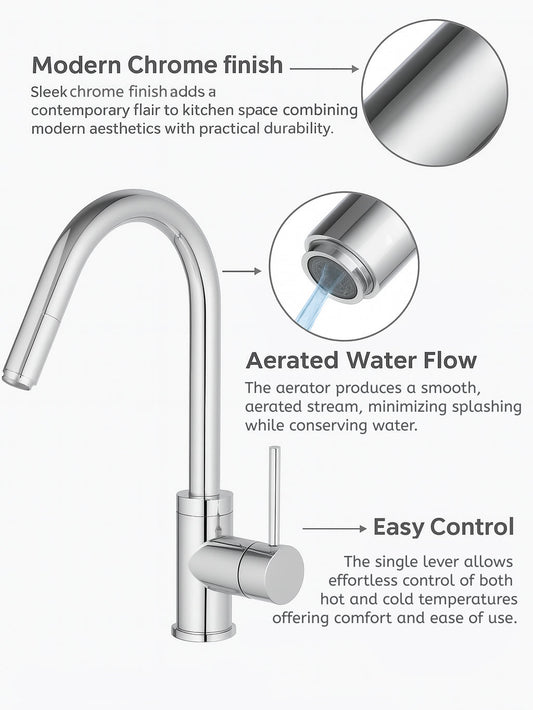 HESANIT Pull-Out Kitchen Mixer, Durable Brass Body, Chrome Finish, Dual Spray Modes