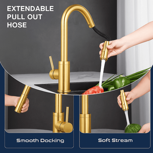 HESANIT Pull-Out Kitchen Mixer Durable Brass Body, Gold Finish, Dual Spray Modes