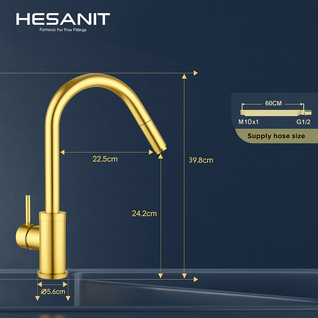 HESANIT Pull-Out Kitchen Mixer Durable Brass Body, Gold Finish, Dual Spray Modes
