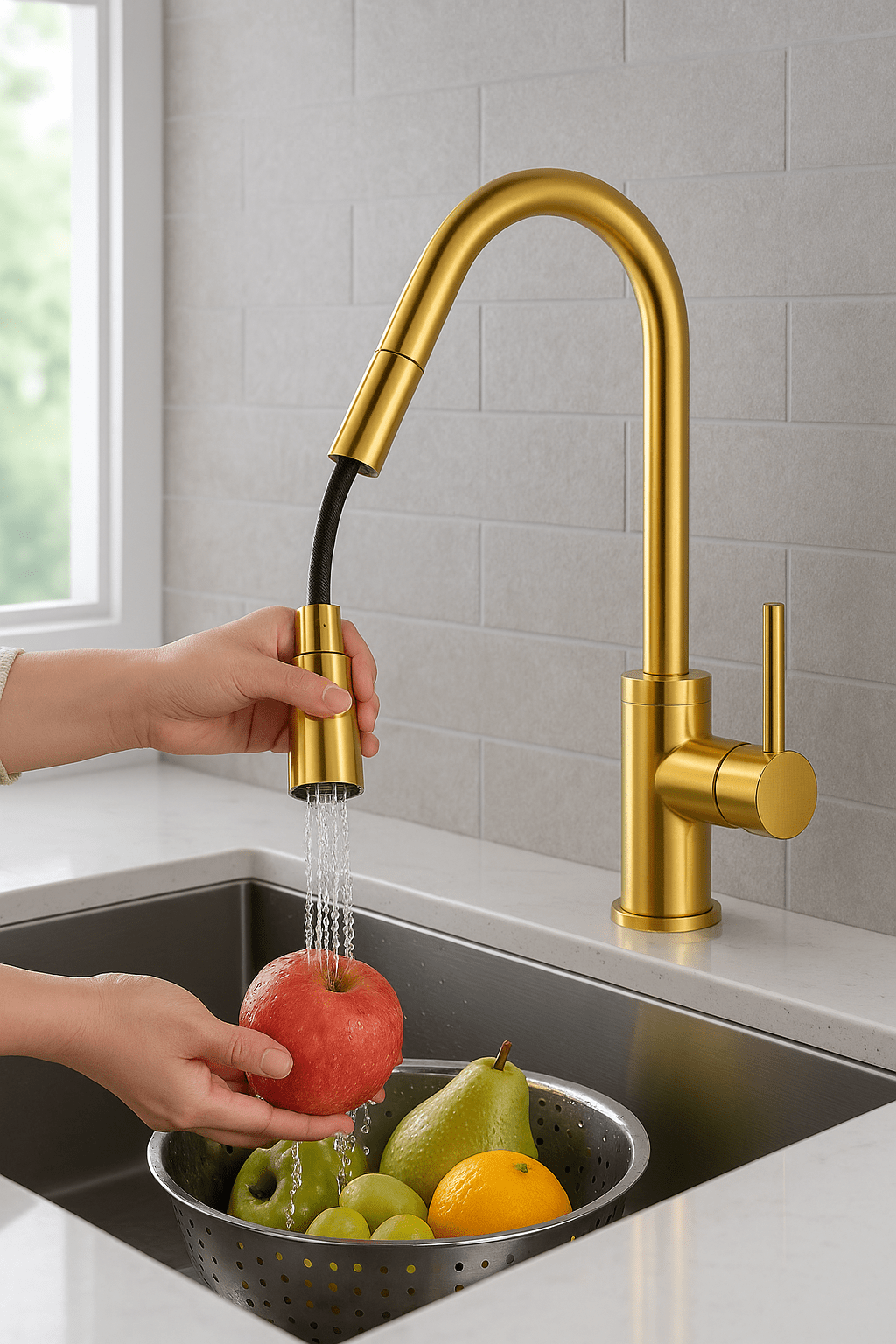 HESANIT Pull-Out Kitchen Mixer Durable Brass Body, Gold Finish, Dual Spray Modes