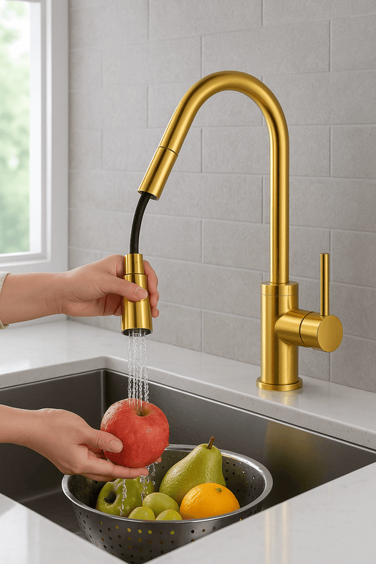HESANIT Pull-Out Kitchen Mixer Durable Brass Body, Gold Finish, Dual Spray Modes