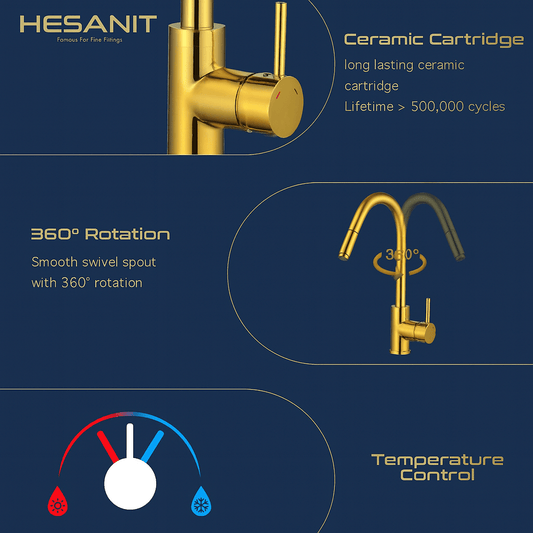 HESANIT Pull-Out Kitchen Mixer Durable Brass Body, Gold Finish, Dual Spray Modes