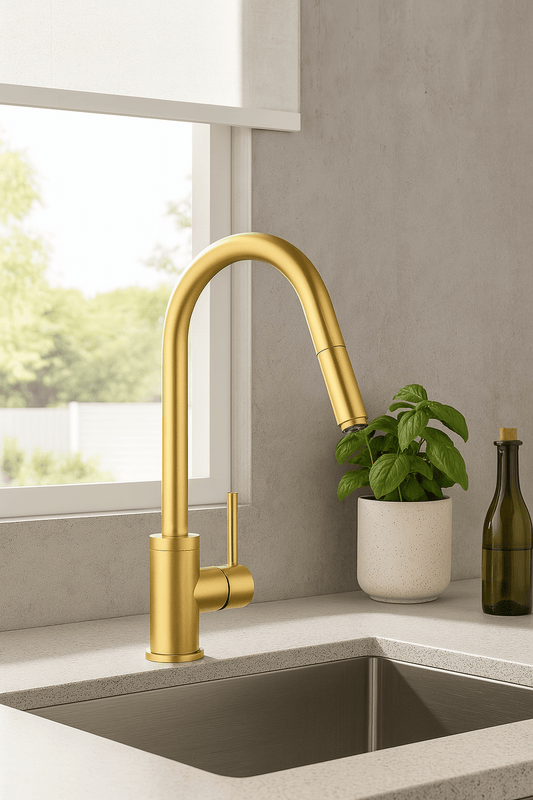 HESANIT Pull-Out Kitchen Mixer Durable Brass Body, Gold Finish, Dual Spray Modes