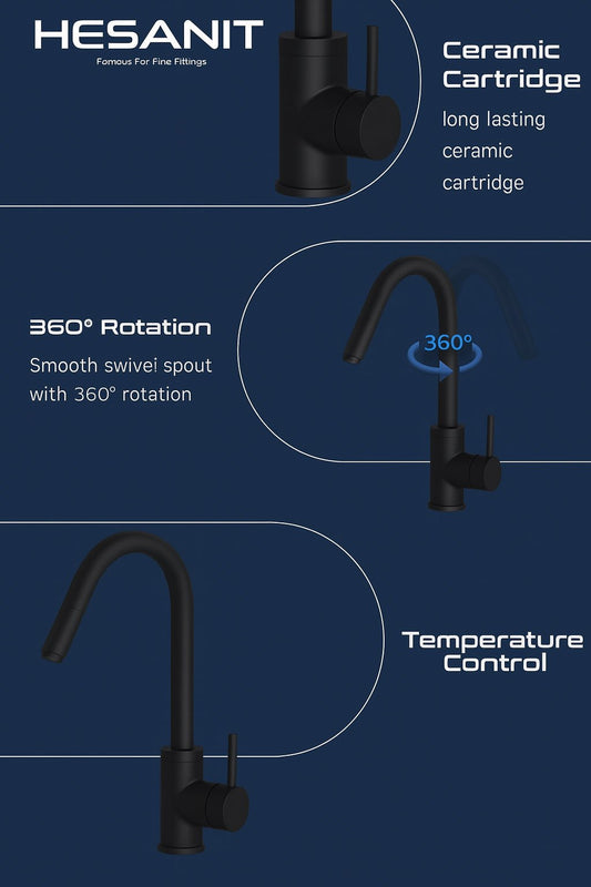 HESANIT Pull-Out Kitchen Mixer Durable Brass Body, Matte Black Finish, Dual Spray Modes