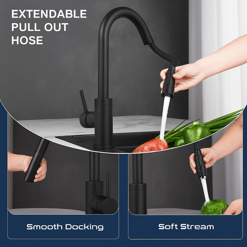 HESANIT Pull-Out Kitchen Mixer Durable Brass Body, Matte Black Finish, Dual Spray Modes