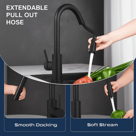 HESANIT Pull-Out Kitchen Mixer Durable Brass Body, Matte Black Finish, Dual Spray Modes