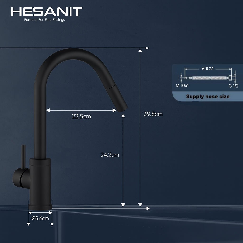 HESANIT Pull-Out Kitchen Mixer Durable Brass Body, Matte Black Finish, Dual Spray Modes