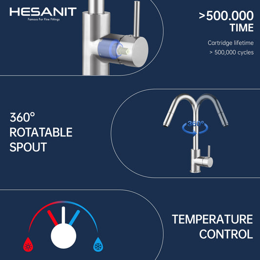 HESANIT Pull-Out Kitchen Mixer Durable Brass Body, Stainless Steel Brushed Finish, Dual Spray Modes
