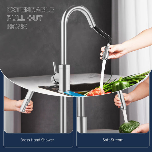 HESANIT Pull-Out Kitchen Mixer Durable Brass Body, Stainless Steel Brushed Finish, Dual Spray Modes