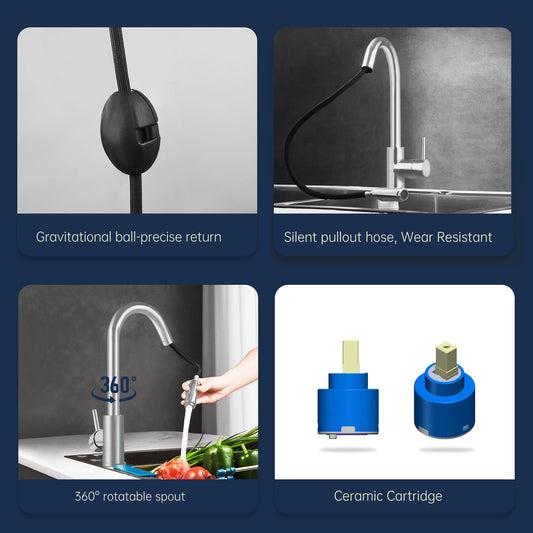 HESANIT Pull-Out Kitchen Mixer Durable Brass Body, Stainless Steel Brushed Finish, Dual Spray Modes