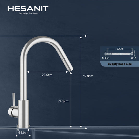 HESANIT Pull-Out Kitchen Mixer Durable Brass Body, Stainless Steel Brushed Finish, Dual Spray Modes