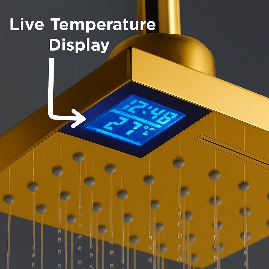 HESANIT Smart Shower Head. Hydro-Electric LED Temperature Display, 3 Spray Functions, Anti-Lime Silicone Nozzles, Premium Gold