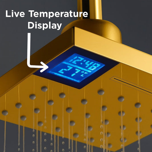 HESANIT Smart Shower Head. Hydro-Electric LED Temperature Display, 3 Spray Functions, Anti-Lime Silicone Nozzles, Premium Gold