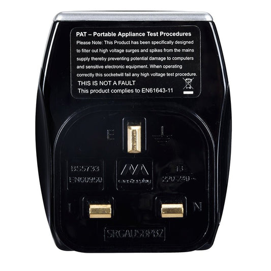 Masterplug 1 Way, 2 USB Ports, Wall Adaptor with Surge Protection Black