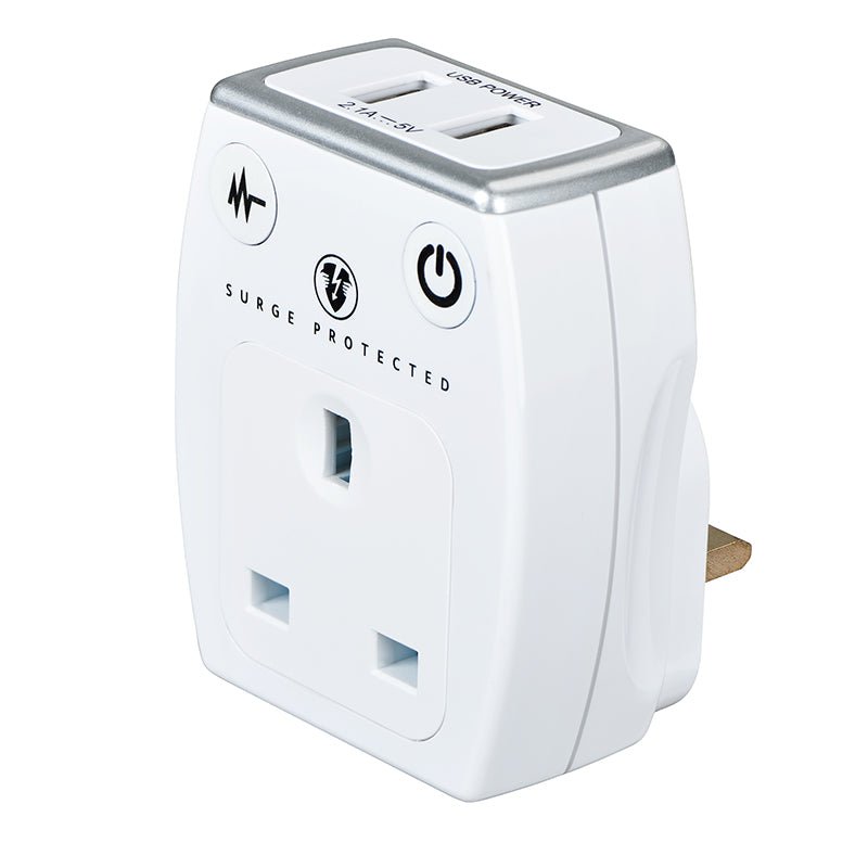 Masterplug High Gloss Surge Protected Adaptor with Dual USB Charging Ports 3.1A, Single Socket UK Plug, White