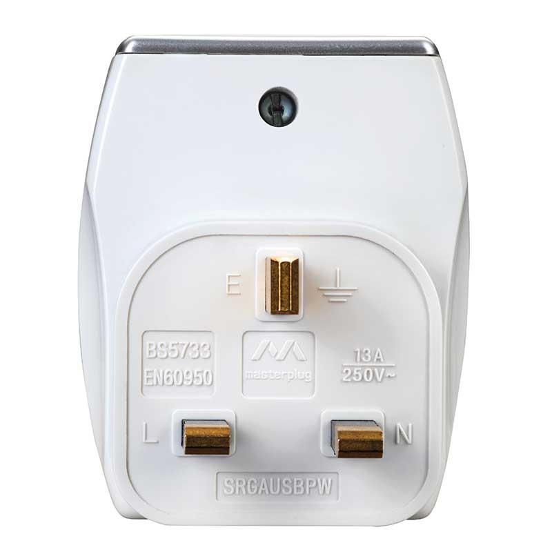 Masterplug High Gloss Surge Protected Adaptor with Dual USB Charging Ports 3.1A, Single Socket UK Plug, White