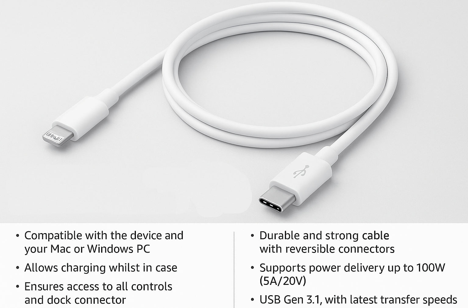 Masterplug 1Meter Apple Lightning to USB C Charging Cable 2A 18W