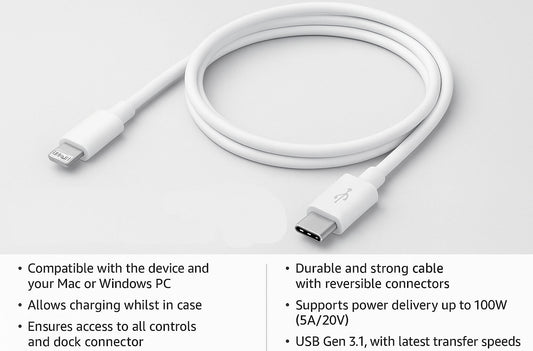 Masterplug 1Meter Apple Lightning to USB C Charging Cable 2A 18W