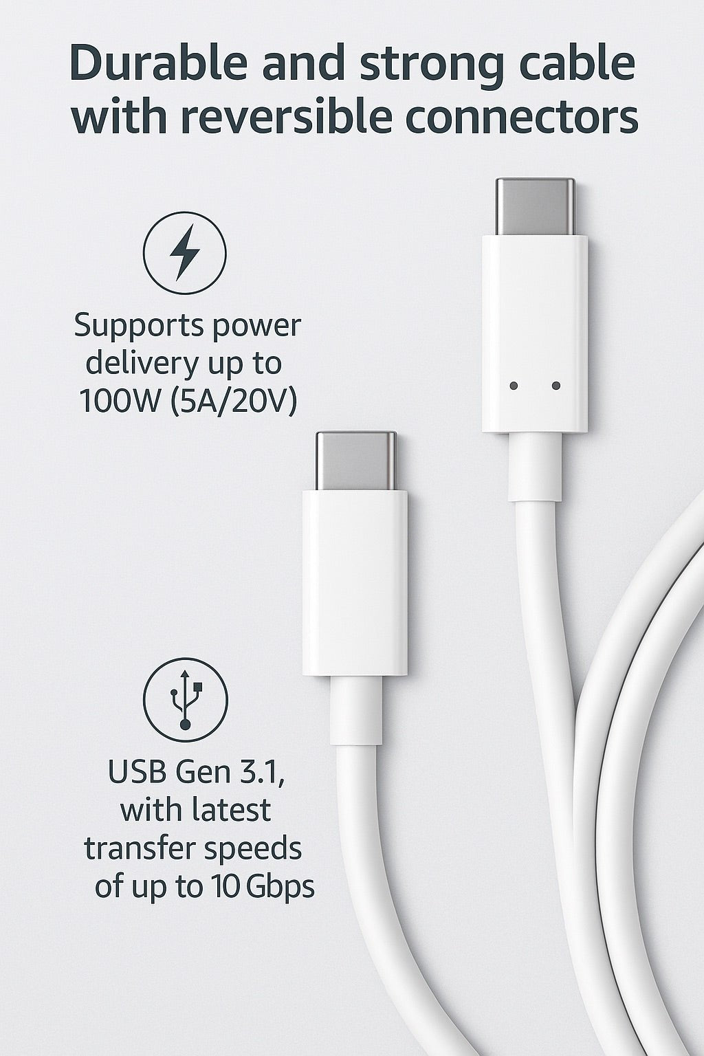 Masterplug USB-C to USB-C Fast Charging Cable 1M, 100W Power Delivery, USB 3.1 Gen 2, 10Gbps Data Transfer, White