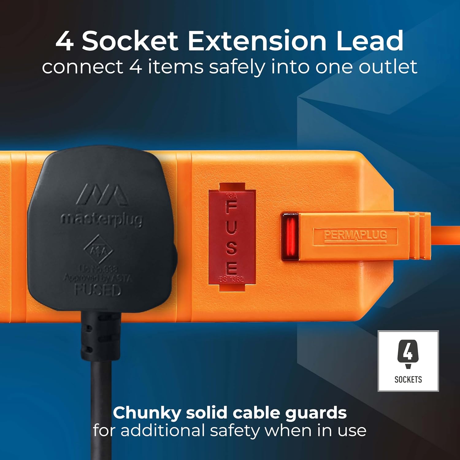 Masterplug 4 Socket Extension Lead 5M with Safety Overload Protection, Power Indicator, UK Plug, Orange