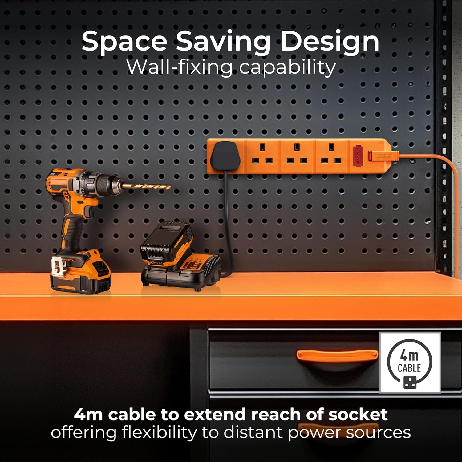 Masterplug 4 Socket Extension Lead 5M with Safety Overload Protection, Power Indicator, UK Plug, Orange