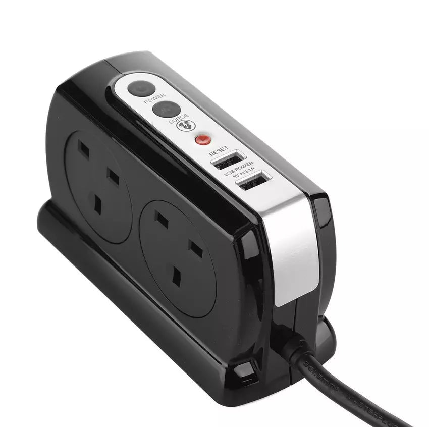 Masterplug High Gloss Compact Extension Lead 4 Socket 4M with Dual USB Charging Ports, Surge Protected, UK Plug, Black